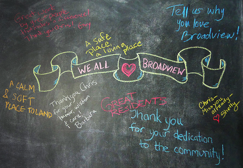 Messages on a chalkboard describing why people love Broadview