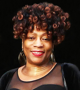 Headshot of a Black woman with curly hair in a black top