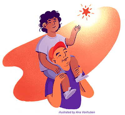 An illustration of a child sitting on an adult's shoulders and reaching for a star
