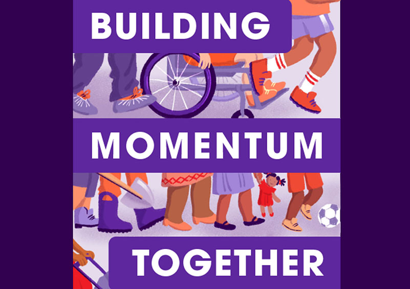 Colorful graphic of people's legs in motion with the words BUILDING MOMENTUM TOGETHER in white text on royal purple bars