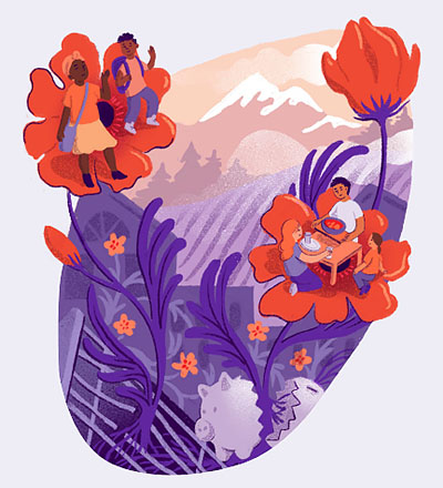 A colorful illustration of people eating and gathering on orange floors growing out of a purple field with pink mountains and trees in the background