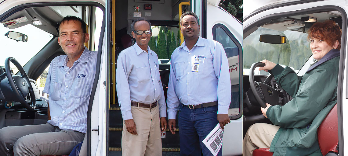 Collage of four accessible transportation drivers sitting in and standing by their vans