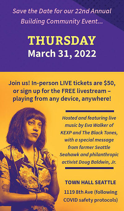 Purple and gold graphic with a photo of a woman holding a microphone, advertising the Thursday, March 31, 2022 2nd Annual Building Community Event