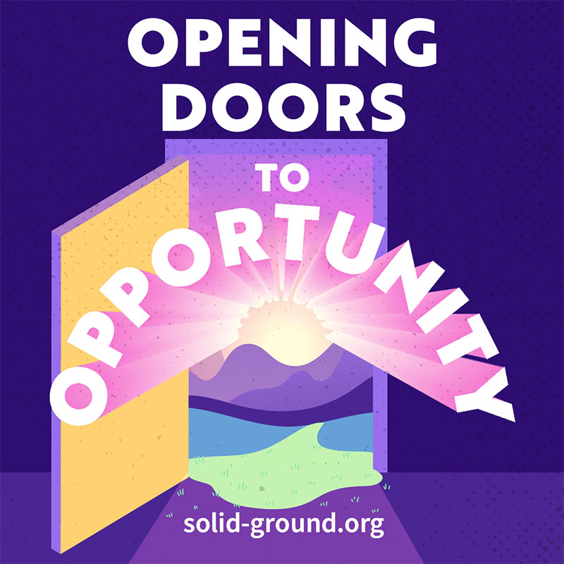 Square purple graphic of a door opening to a sunburst over a mountains scene with the words OPENING DOORS TO OPPORTUNITY and the solid-ground.org