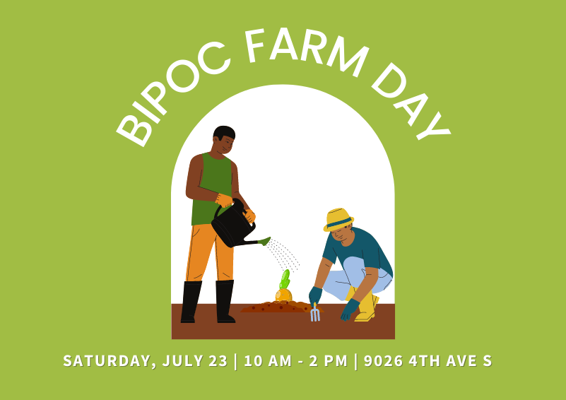 Graphic of two people gardening on green background with the words BIPOC FARM DAY in white text.