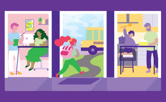 Graphic of 3 doors with scenes inside them, on a purple background: 1) a man and woman in an office, 2) a red-haired girl running to her schoolbus, and 3) a child and man cooking in a kitchen.