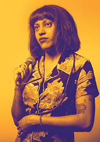 Black woman with dark hair in a floral shirt holding a microphone, colorized in purple with a gold background