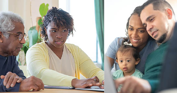 Left side, elderly Black man and young Black woman at a laptop; right side, young man and woman with a baby at a laptop