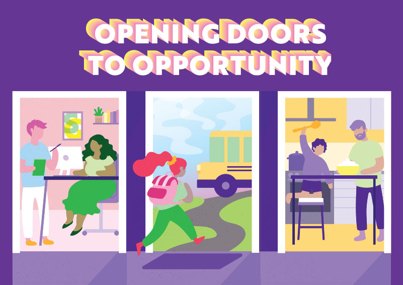OPENING DOORS TO OPPORTUNITY above a graphic of 3 doors with scenes inside them, on a purple background: 1) a man and woman in an office, 2) a red-haired girl running to her schoolbus, and 3) a child and man cooking in a kitchen.