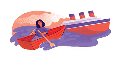 An illustration of a woman rowing a boat as a cruise liner passes in the distance.