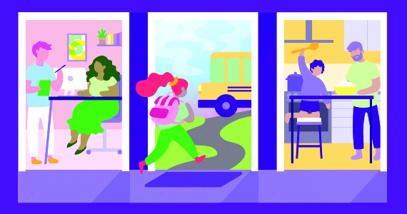 Purple 3-panel graphic of doorways showing 1) people working in an office, 2) a girl running out to a schoolbus, and 3) an adult and child cooking.
