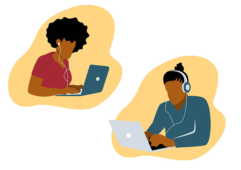 An illustration of two people working on laptops.