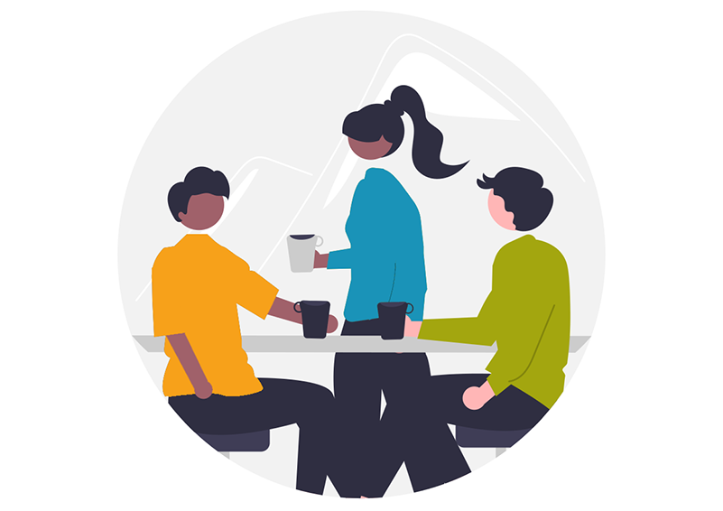 An illustration of three people gathered around a table