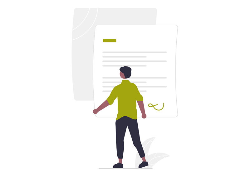 An illustration of a person facing a large document that looks like a contract