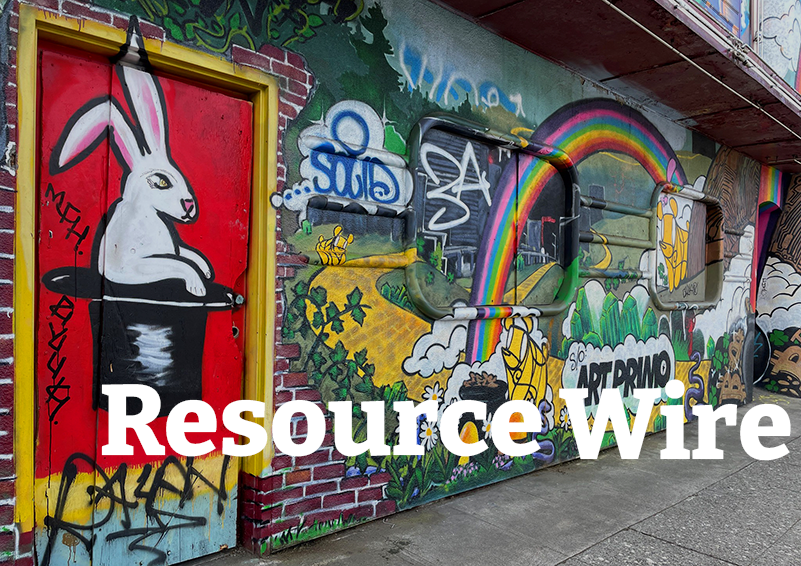 A mural on an old abandoned featuring a rabbit in a top hat. The words "Resource Wire" are embossed over the photograph.