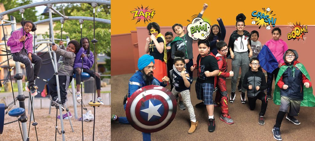Two images, one of 3 Black youth on a jungle gym, another of a group of kids and blue-turbaned superhero pose with cartoon words like Zap! Bam! and Pow!