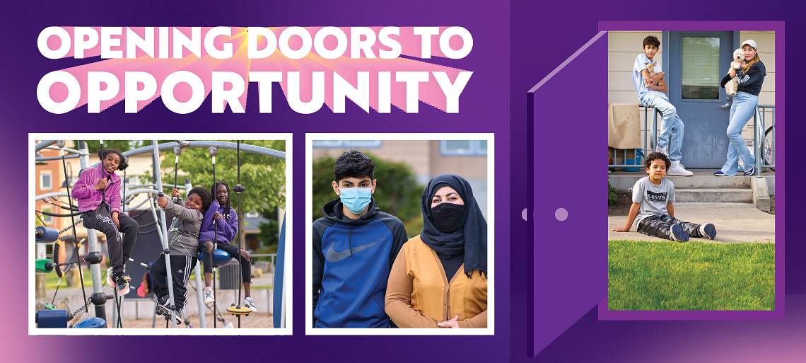Gold text reads SOLID GROUND’S COMMUNITY REPORT 2021 on a deep purple background. Photos show three kids on a jungle gym, a teenage boy with a mask on with his mother who wears a mask and a head scarf, and an open door graphic with a photo of a mom, two boys, and their two dogs inside.