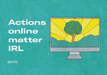 An illustration of a tree with blue ribbons on a computers screen besides the words "Actions online matter IRL"