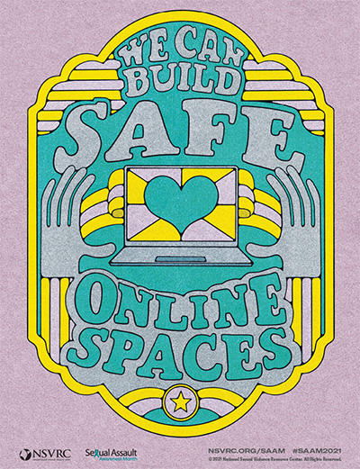 An illustration of a heart on a laptop screen surrounded by the words "We can build safe online spaces"