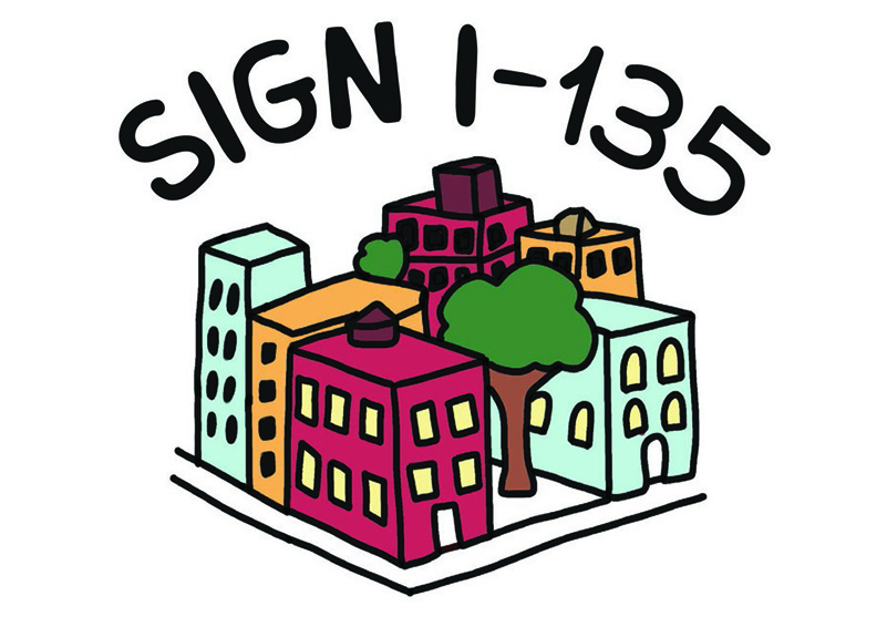 The logo for the I-135 campaign. It is an illustration of a city block with teal, orange, and purple buildings around a tree with the words "Sign I-135" above.