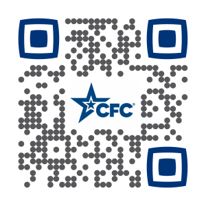 QR code with a navy blue star and the letters CFC in the center