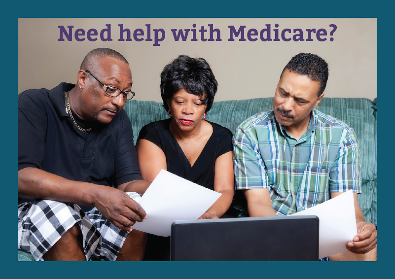 Purple text: Need help with Medicare? Left side: Two Black men and one woman sit on couch in front of a laptop with paperwork in their hands.