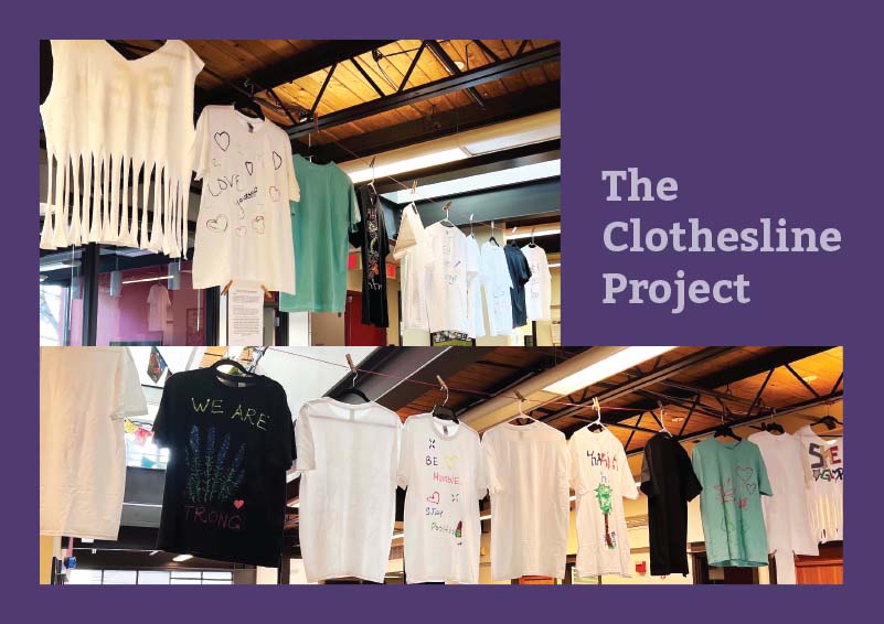 Collage of two rows of T-shirts with inspirational messages on them, on a purple background with the text The Clothesline Project