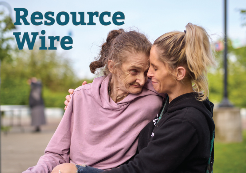 An older woman in a pink sweater looks lovingly at her adult daughter as they embrace. The words "Resource Wire" are above them.