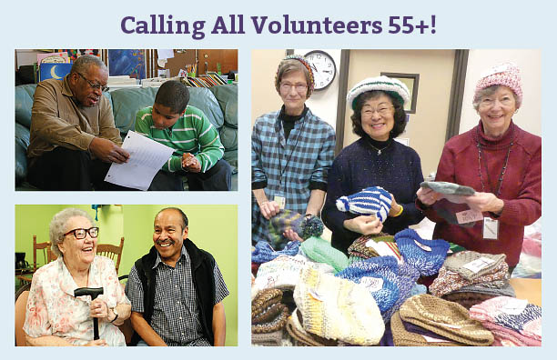 Purple text on a light blue background with the words Calling All Volunteers 55+! above a photo grid of 1) a senior man tutoring a young boy, 2) three senior ladies holding and wearing knitted hats, 3) an elderly lady with cane laughing with a younger senior man.