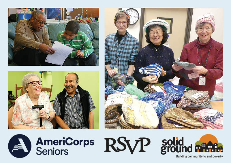 A photo grid on a light blue background of 1) a senior man tutoring a young boy, 2) three senior ladies holding and wearing knitted hats, and 3) an elderly lady with cane laughing with a younger senior man. Below the grid are three logos: AmeriCorps Seniors, RSVP, and Solid Ground.