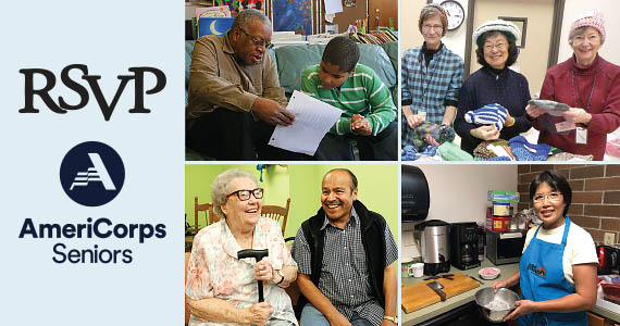 Two logos, one reading RSVP, the other, AmeriCorps Seniors, on a light blue background. To their right, a photo grid of 1) a senior man tutoring a young boy, 2) three senior ladies holding and wearing knitted hats, 3) an elderly lady with cane laughing with a younger senior man, and a 3) a senior woman in a blue apron holding a silver mixing bowl.