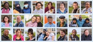 Grid collage of portraits of 25 people and one dog on a light blue background.
