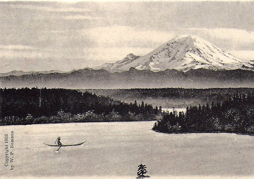 A black and white illustration of Lake Washington with a Native American in a canoe in the water and Mount Rainier in the background.