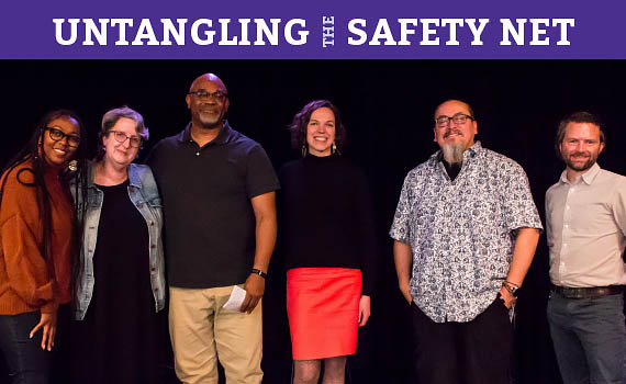 Purple header with white text reading UNTANGLING THE SAFETY NET. Below it, a picture of 3 women and 3 men smiling with a black background behind them.