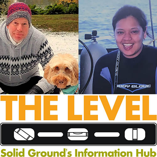 Collage of 1) a man in an Icelandic sweater and warm cap, crouched in the snow next to a white dog, 2) a smiling woman wearing scuba gear with water behind her, 3) an orange, black & olive green logo reading THE LEVEL, Solid Ground's Information Hub
