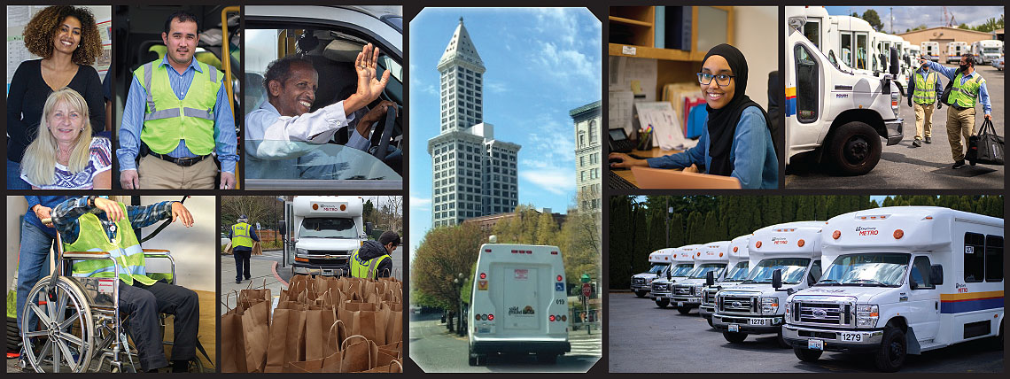 Collage of photo showing ACCESS transportation buses and employees in different settings, indoors in offices and outdoors on the road.