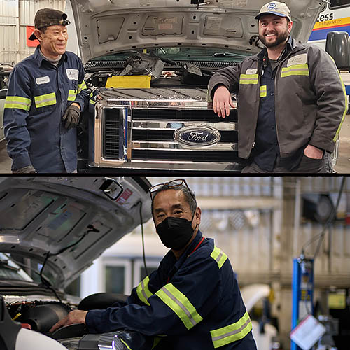 Two photos showing three different men in a mechanics shop, leaning on or working under the hood of vehicles