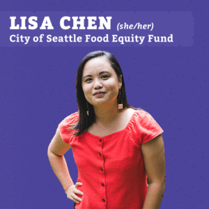 Portrait of smiling woman in a red top on a purple background, labeled LISA CHEN (she/her), City of Seattle Food Equity Fund
