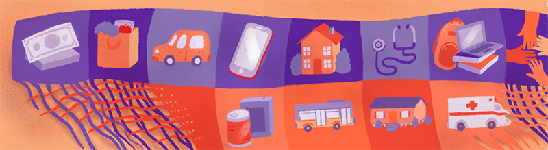 An illustration of an orange and purple quilt made of squares representing different aspect of basic living expenses: A dollar bill, a bag of groceries, a car, a cell phone, an ambulance, a house, etc.