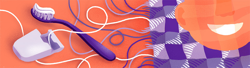 An illustration of a tooth brush and dental floss besides the unraveled edges of a quilt.