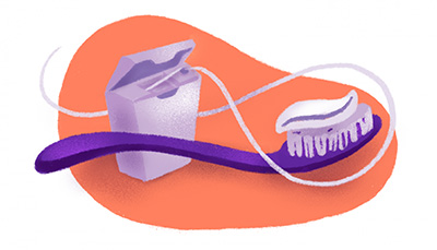 An illustration of a purple-hued tooth brush and floss over an orange background.
