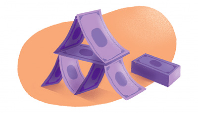 An illustration of purple dollars bills stacked like a house of cards over an orange background.