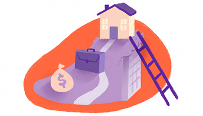 An illustration showing a ladder that leads up to a path that leads to a house, a briefcase, and a bag of money.