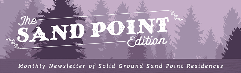 The nameplate for the Sand Point Edition, showing the title over the purple-hued silhouettes of pine trees.
