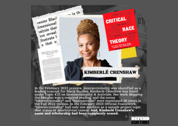 An image of Kimberle Crenshaw and images of her writing, with the words "Defend black studies"