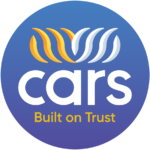 Round blue logo with gold and white text reading CARS, Built on Trust.
