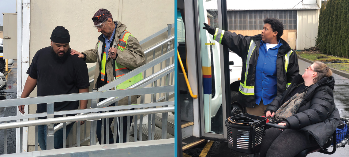Banner with two photos: 1) a man helps an older man with cane down a ramp, and 2) a woman points at a paratransit van door as a woman in a wheelchair looks on.