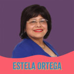 Portrait of a Latina woman on a purple background with the name Estela Ortega on a pink swoosh in front of her.
