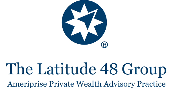 Blue logo with an 8-point star/compass inside a circle, trademarked. Text reads The Latitude 48 Group, Ameriprise Private Wealth Advisory Practice.