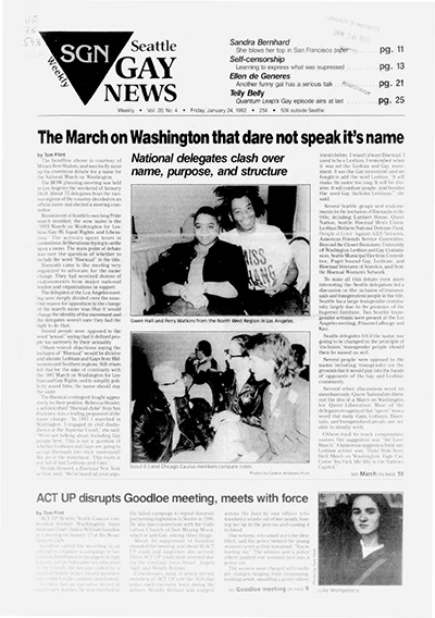 scan of a 1992 edition of the Seattle Gay News with a headline reading, "The March on Washington that dare not speak it's name."